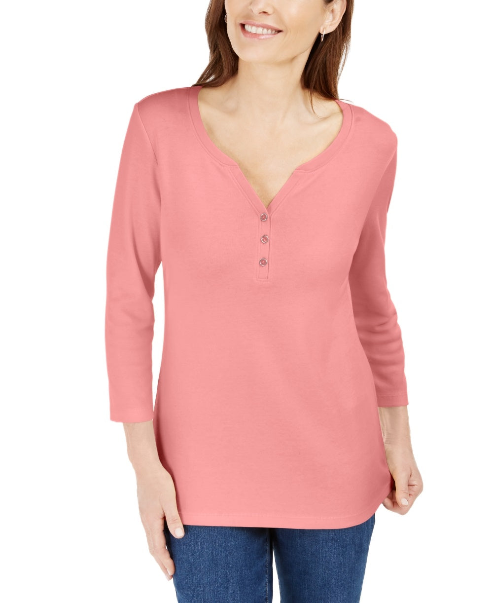 Karen Scott Women's 3/4-Sleeve Henley Shirt Pink Size Small
