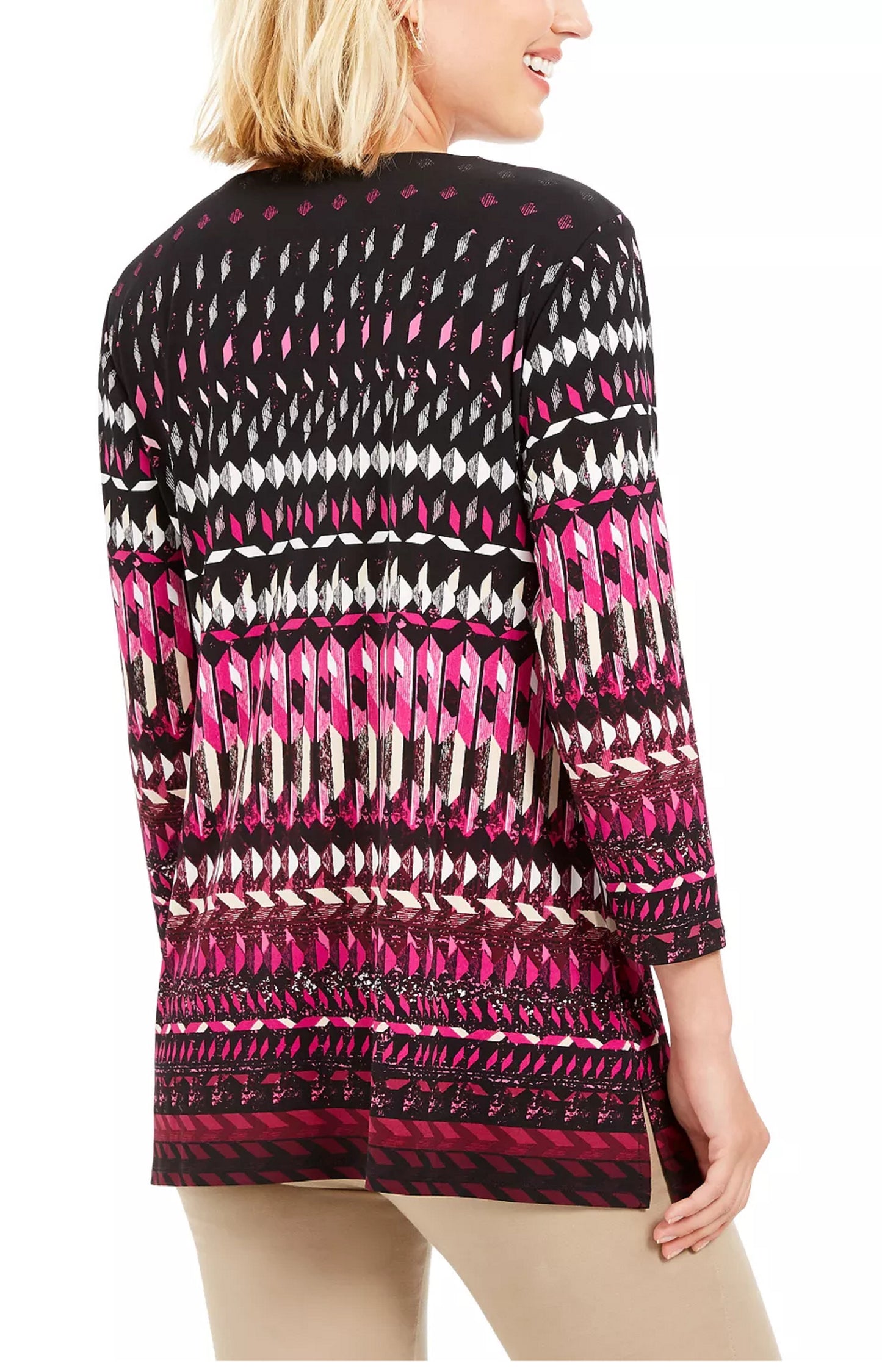 JM Collection Women's Geometric Long Sleeve V Neck T Shirt Top Pink Size Petite Small