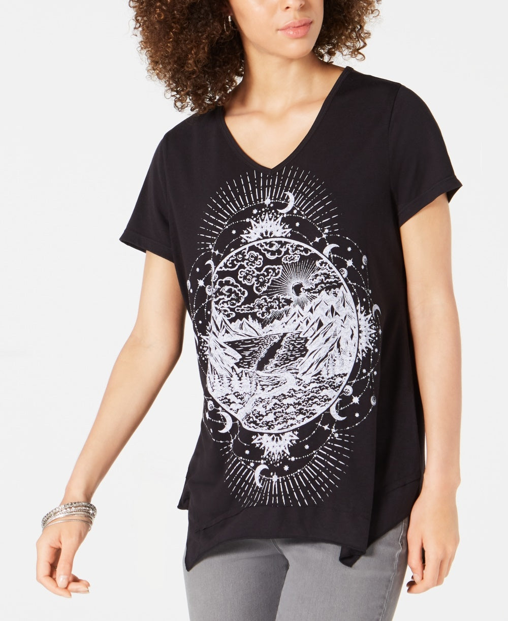Style & Co Women's Graphic Print Handkerchief Hem T Shirt Black Size Medium