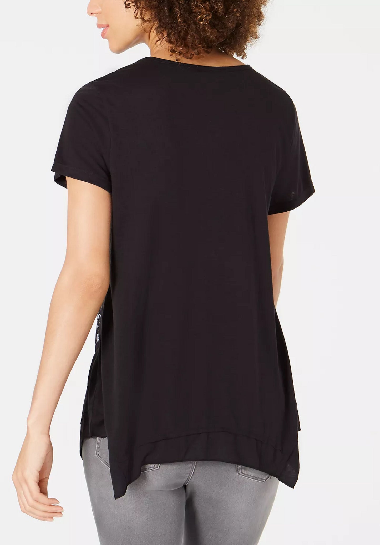 Style & Co Women's Graphic Print Handkerchief Hem T Shirt Black Size Medium