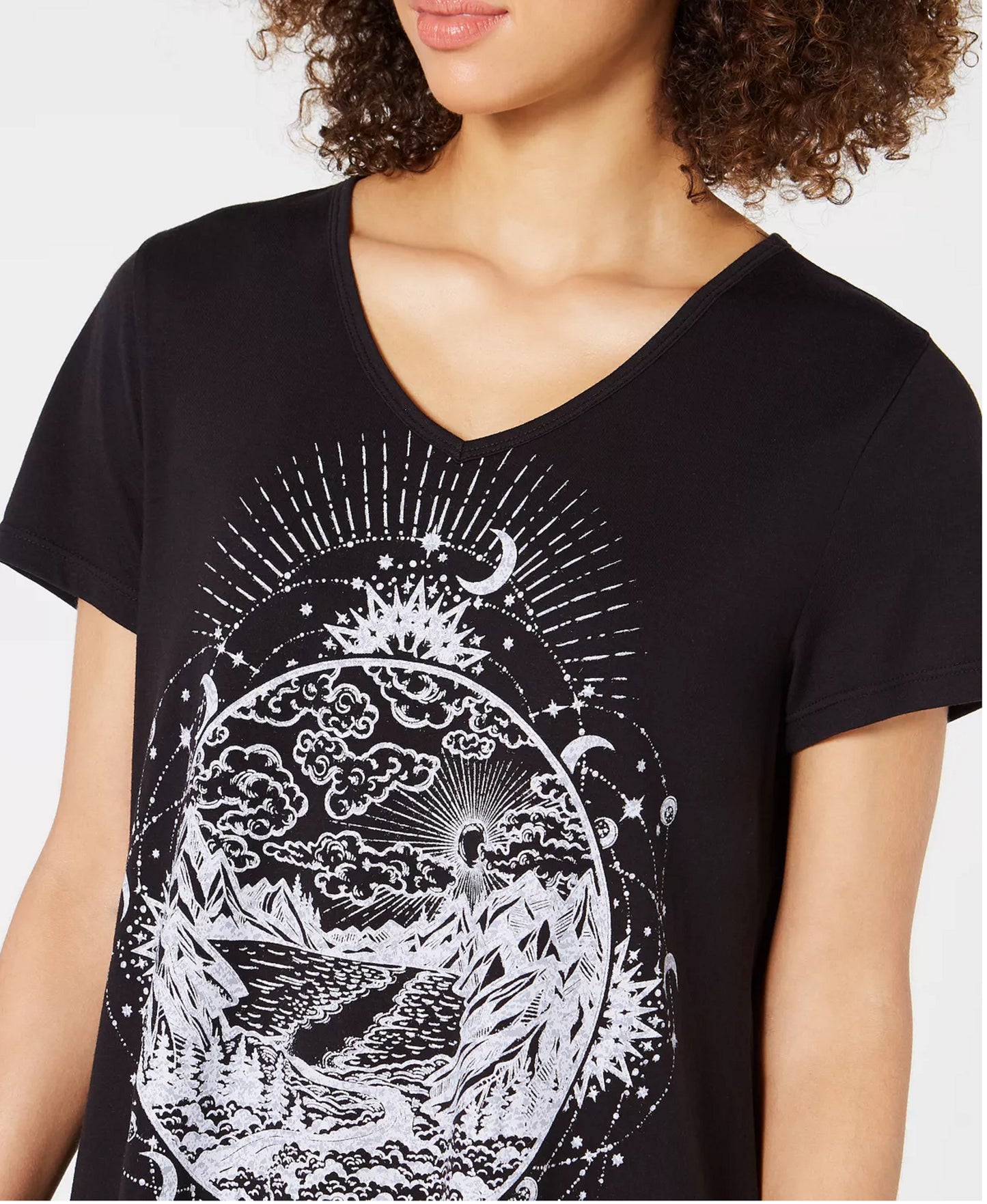 Style & Co Women's Graphic Print Handkerchief Hem T Shirt Black Size Medium
