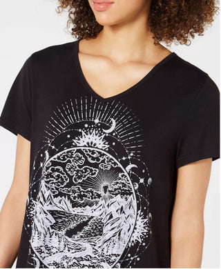 Style & Co Women's Graphic Print Handkerchief Hem T Shirt Black Size Medium