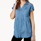 Style & Co Women's Pleated Cuffed Sleeve Top Blue Size XX-Large