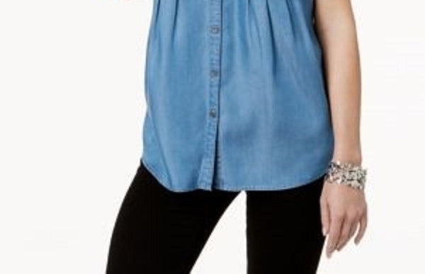 Style & Co Women's Pleated Cuffed Sleeve Top Blue Size XX-Large