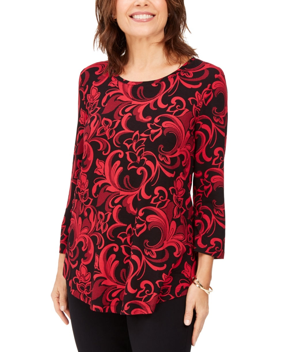 JM Collection Women's Printed 3/4 Sleeve T-Shirt Red Size X-Small