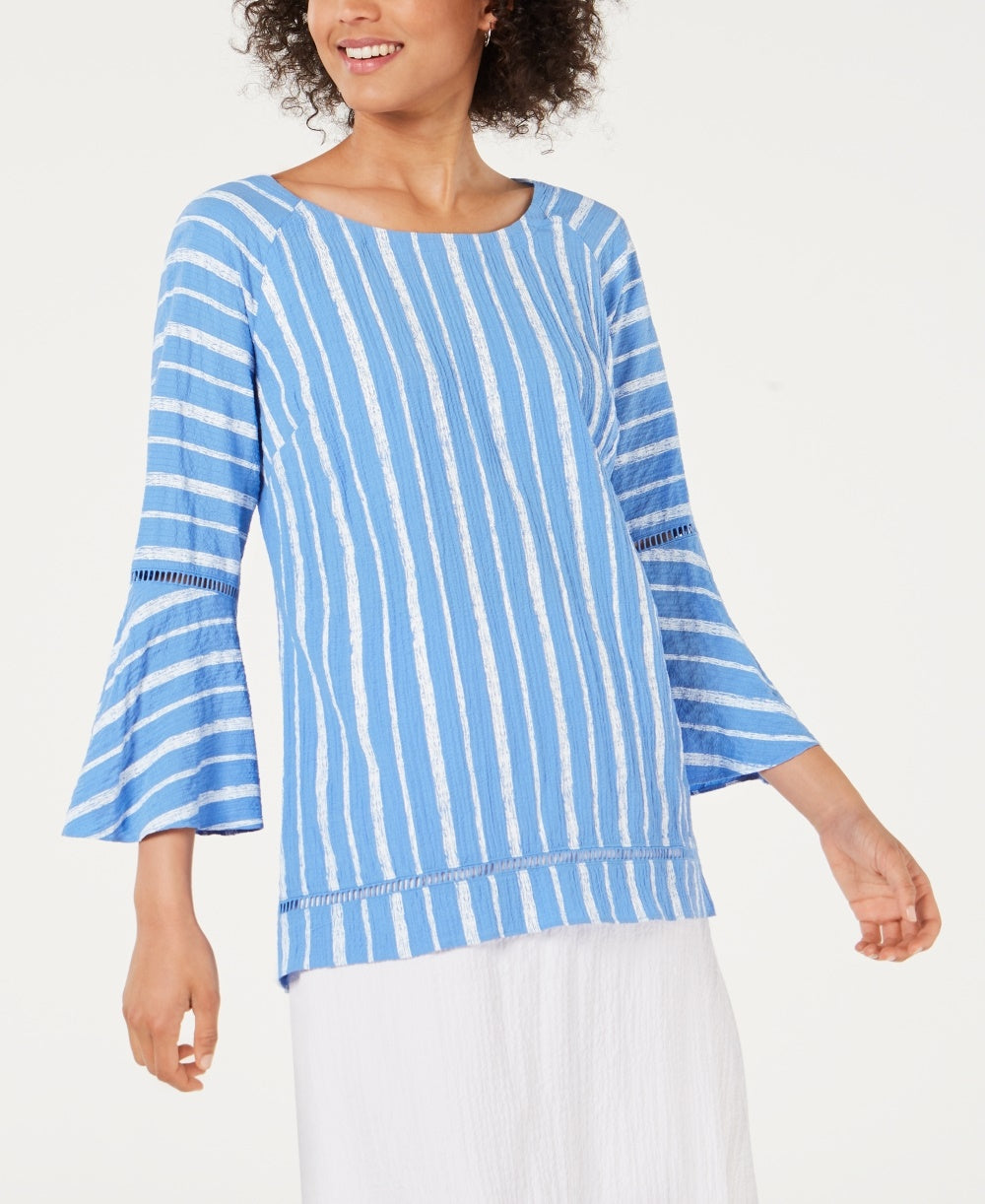 JM Collection Women's Petite Bell-Sleeve Crinkle Top Navy Size -PL