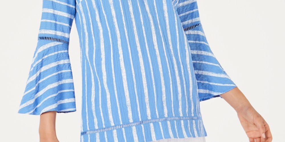 JM Collection Women's Petite Bell-Sleeve Crinkle Top Navy Size -PL