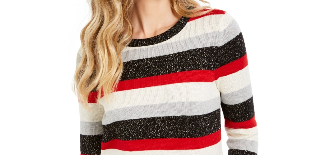 Charter Club Women's Striped Crewneck Sweater Black Size Small