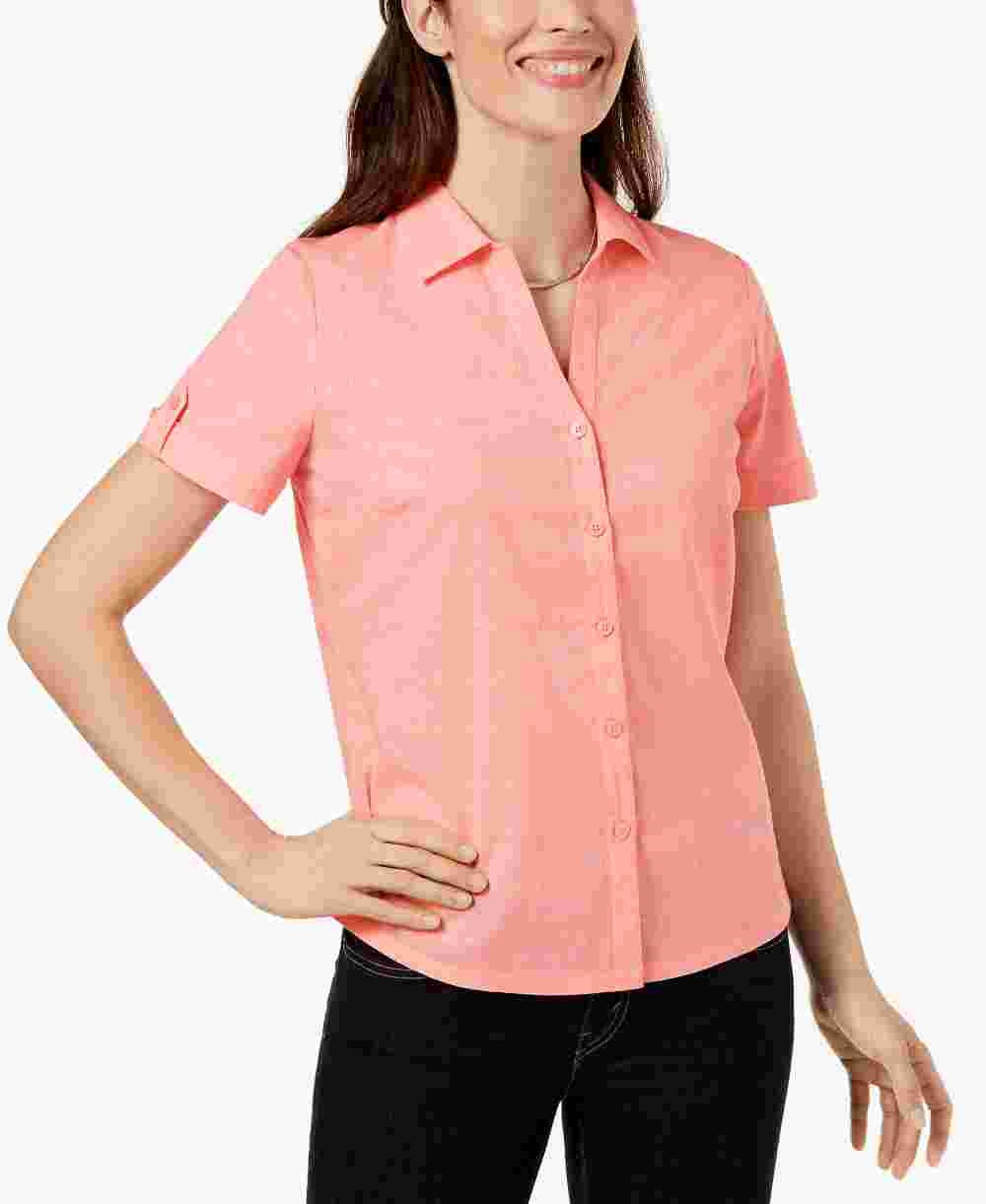Karen Scott Women's Petite Cotton Eyelet Shirt Pink Size PS