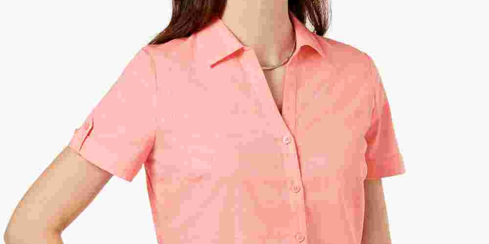 Karen Scott Women's Petite Cotton Eyelet Shirt Pink Size PS