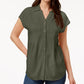 Style & Co Women's Pleated Cuffed Sleeve Top Green Size Small