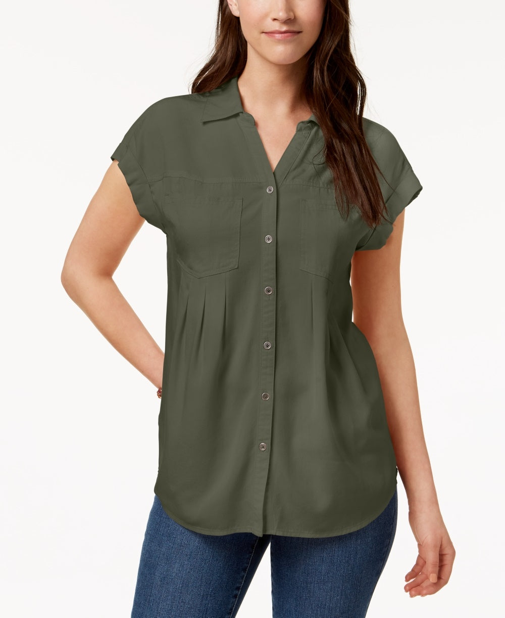 Style & Co Women's Pleated Cuffed Sleeve Top Green Size Small