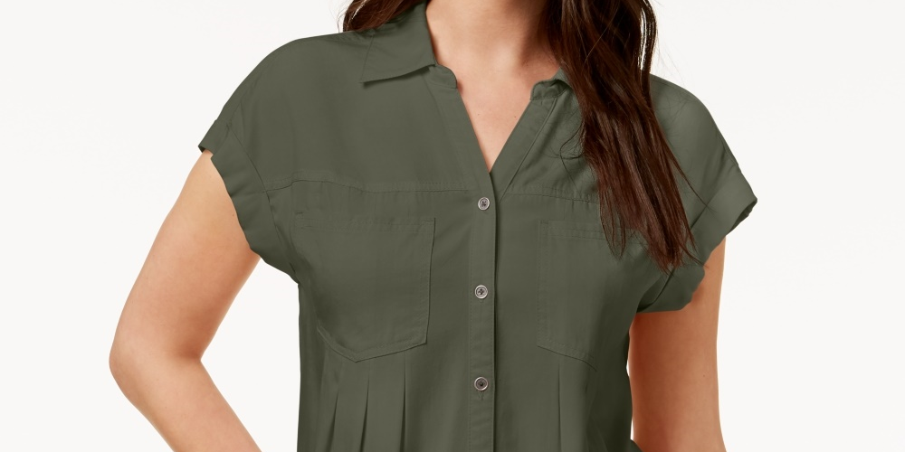 Style & Co Women's Pleated Cuffed Sleeve Top Green Size Small
