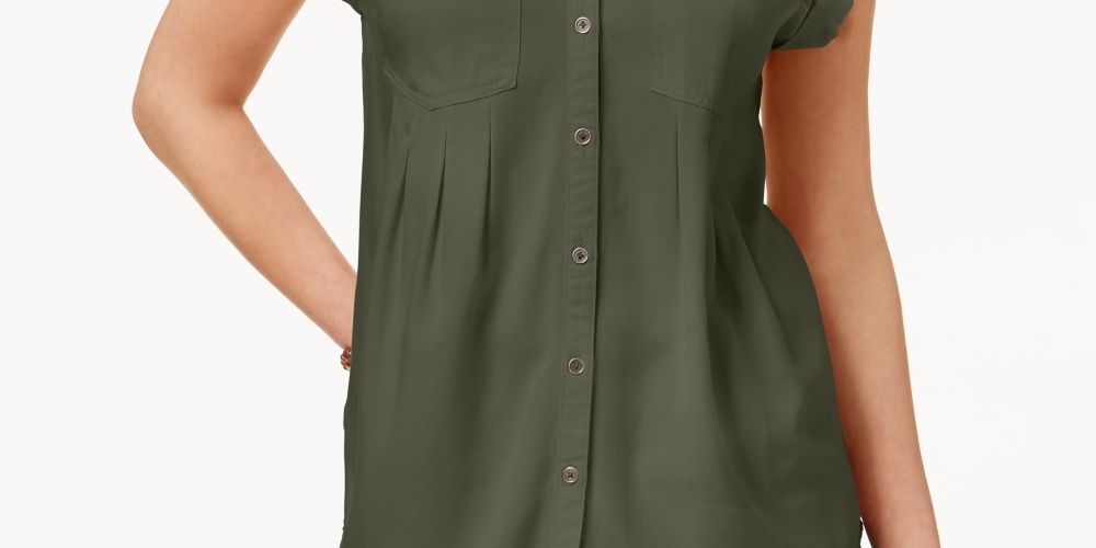 Style & Co Women's Pleated Cuffed Sleeve Top Green Size Small