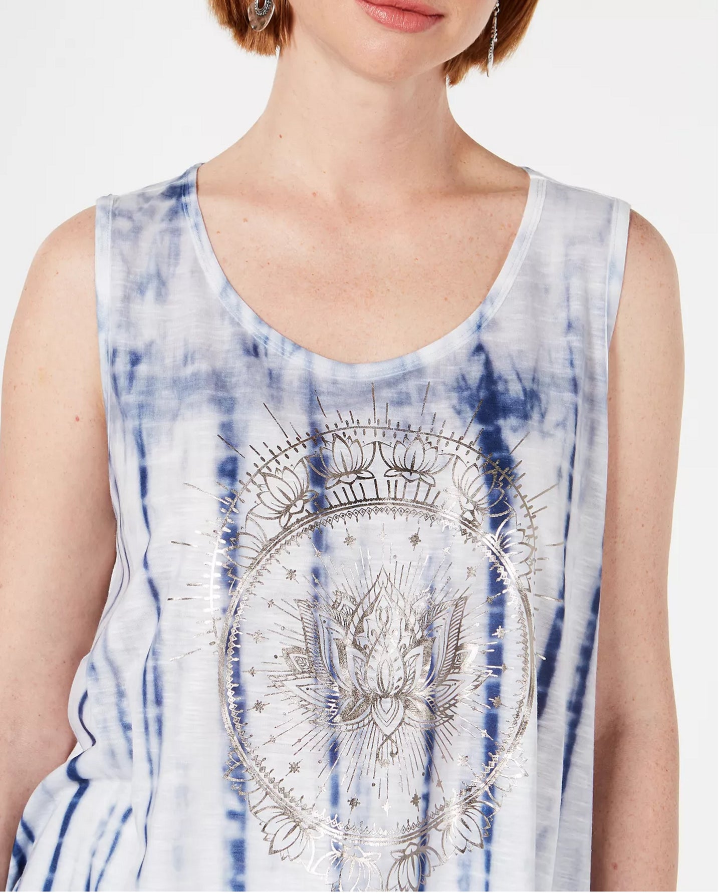 Style & Co Women's Graphic Tie Dyed Sleeveless Top White/Navy Size X-Large
