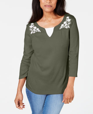Karen Scott Women's Embroidered Cotton Layered-Look Top Green Size X-Small