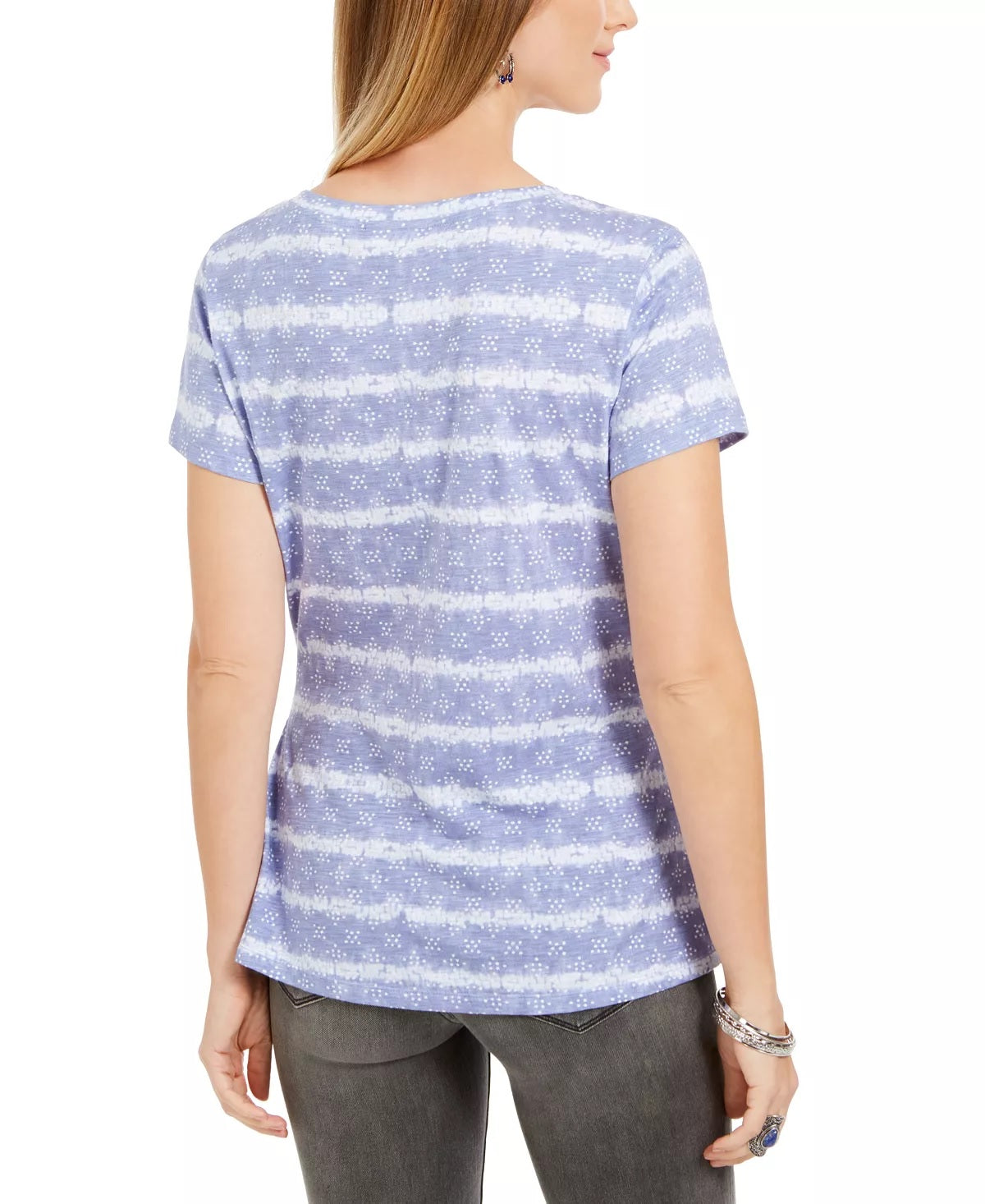 Style & Co Women's Printed Side Tie T-Shirt White/Navy Size Small