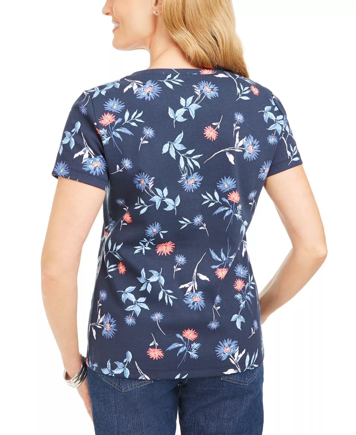 Karen Scott Women's Floral Print Short Sleeve Henley Top Blue Size X-Small