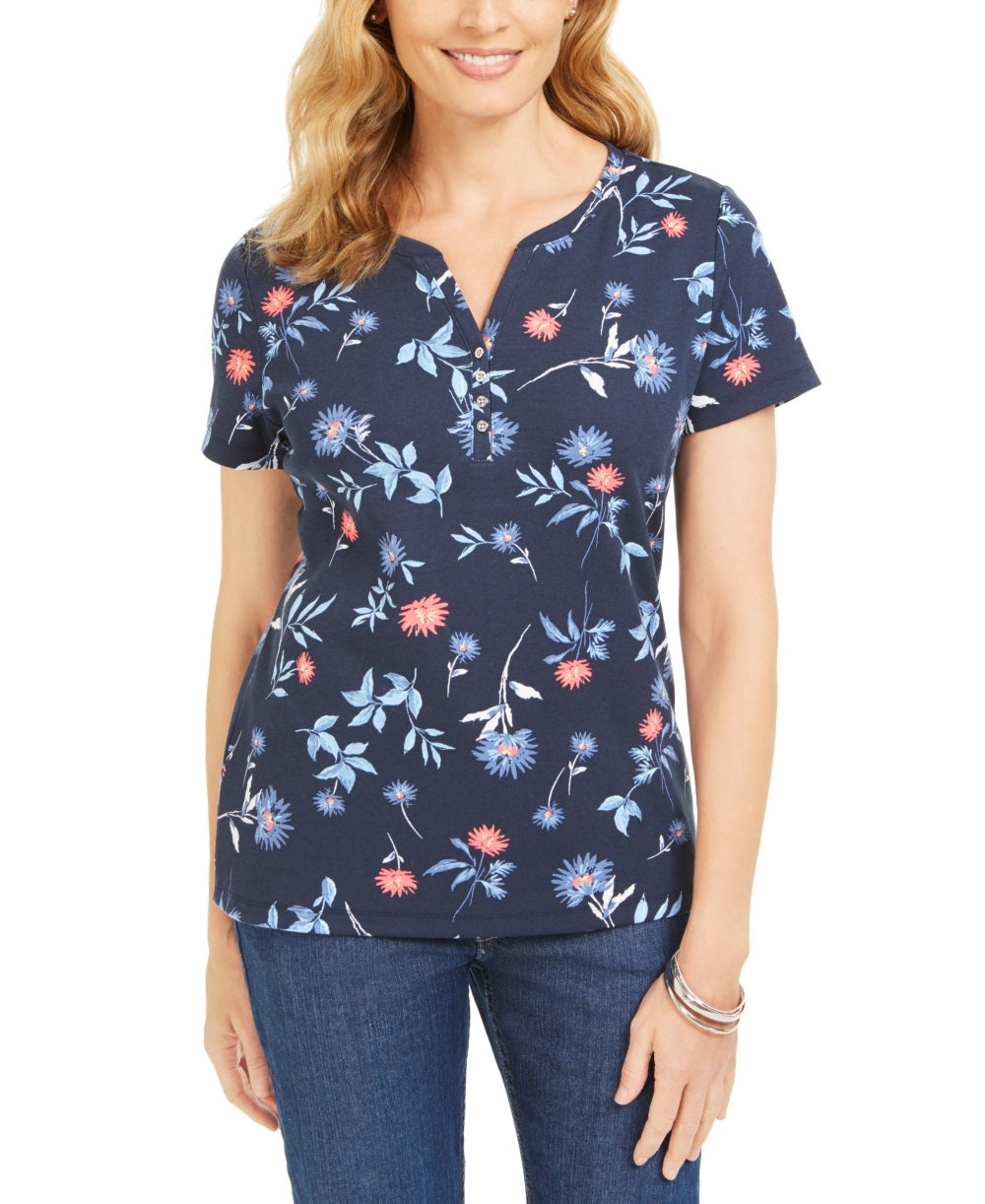 Karen Scott Women's Floral Print Short Sleeve Henley Top Blue Size Small