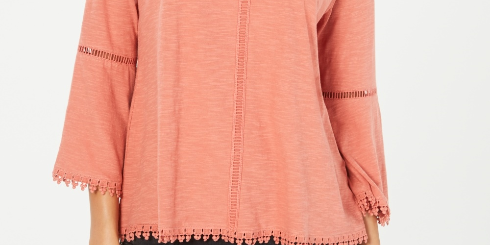 Style & Co Women's Crochet Trim Bell Sleeve Top Orange Size PP