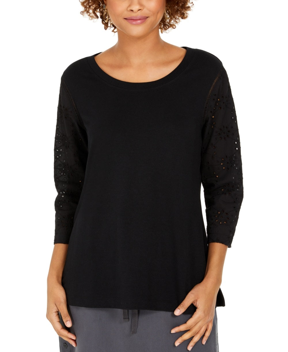 Style & Co Women's Eyelet Sleeve Cotton Top Black Size Small