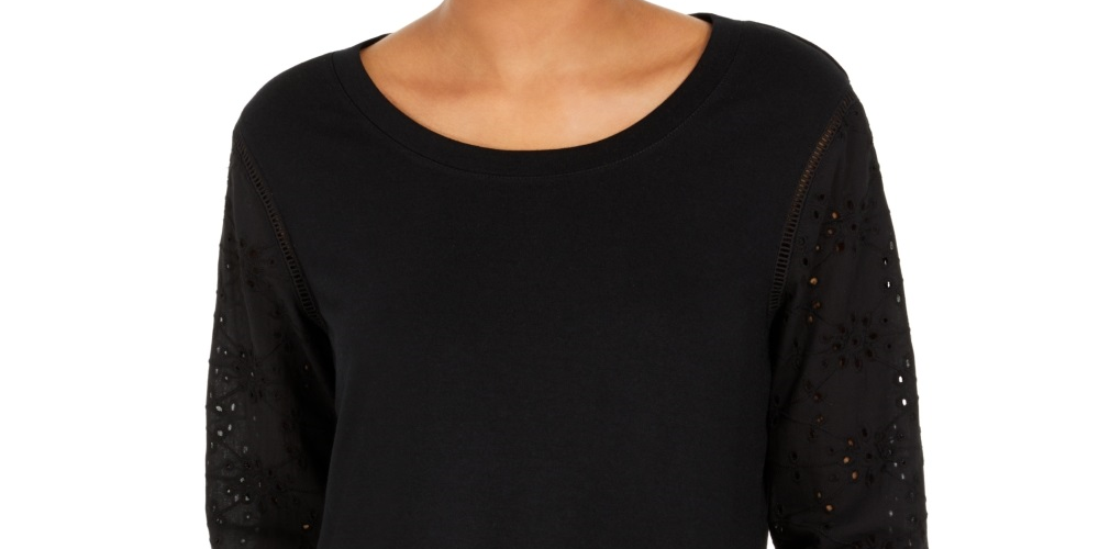 Style & Co Women's Eyelet Sleeve Cotton Top Black Size Small