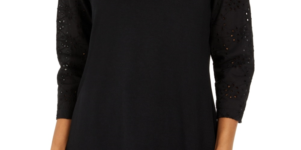 Style & Co Women's Eyelet Sleeve Cotton Top Black Size Small