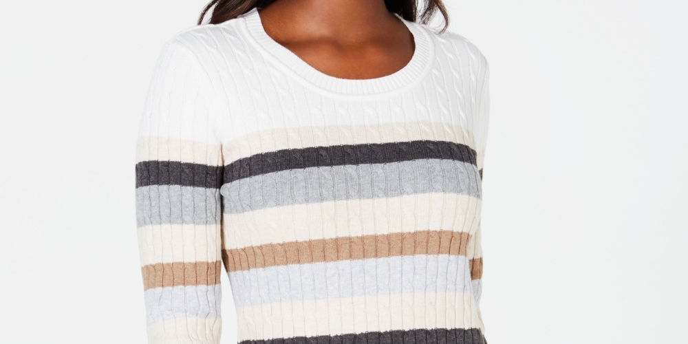 Karen Scott Women's Striped Cotton Cable Knit Sweater Brown Size PXL