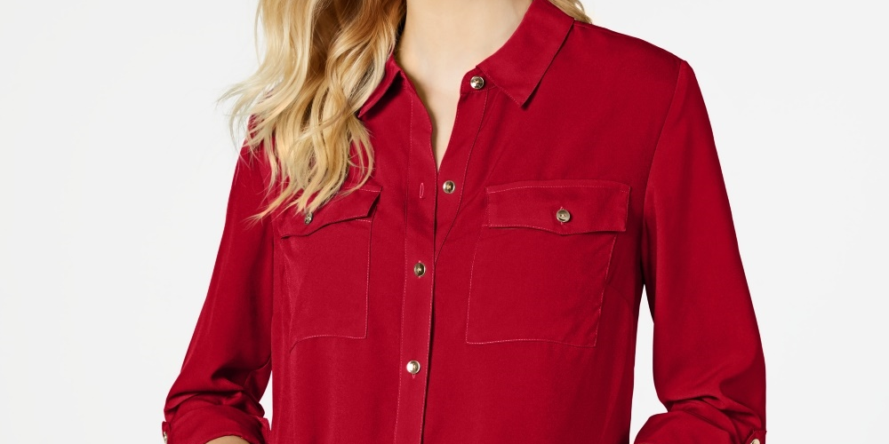 Charter Club Women's Petite Solid Button-Up Shirt Red PXL