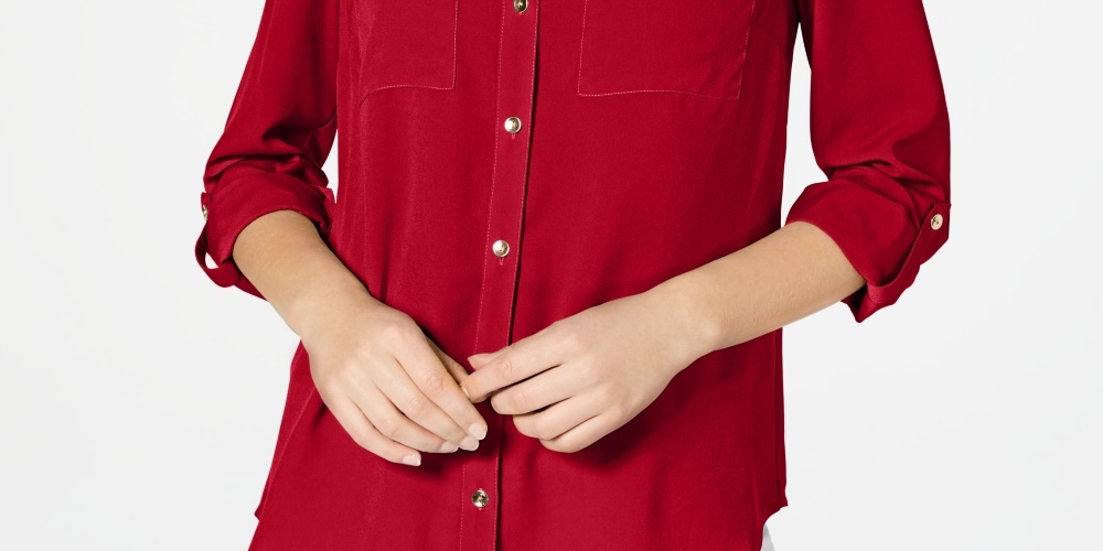 Charter Club Women's Petite Solid Button-Up Shirt Red PXL