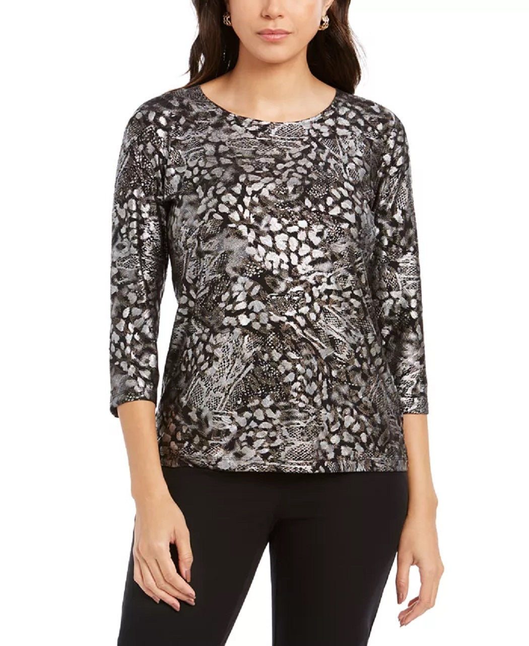 JM Collection Women's Printed 3/4 Sleeve Evening Top Black Size Petite Small