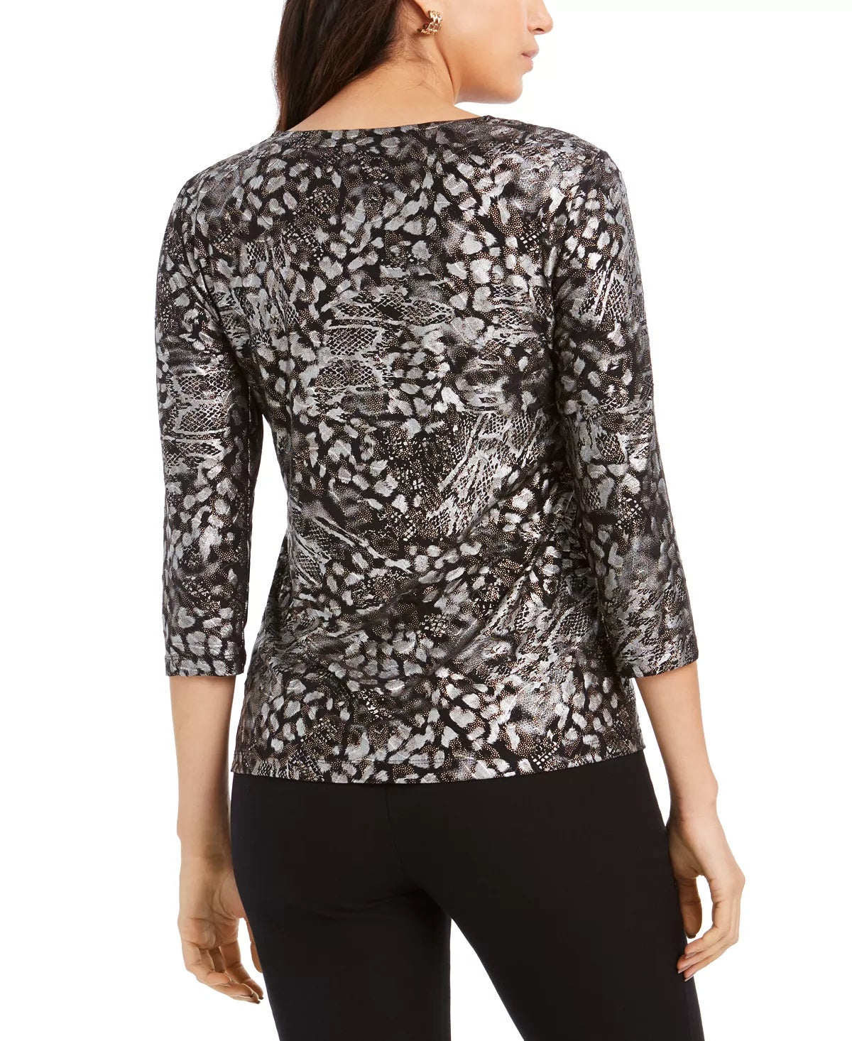 JM Collection Women's Printed 3/4 Sleeve Evening Top Black Size Petite Small