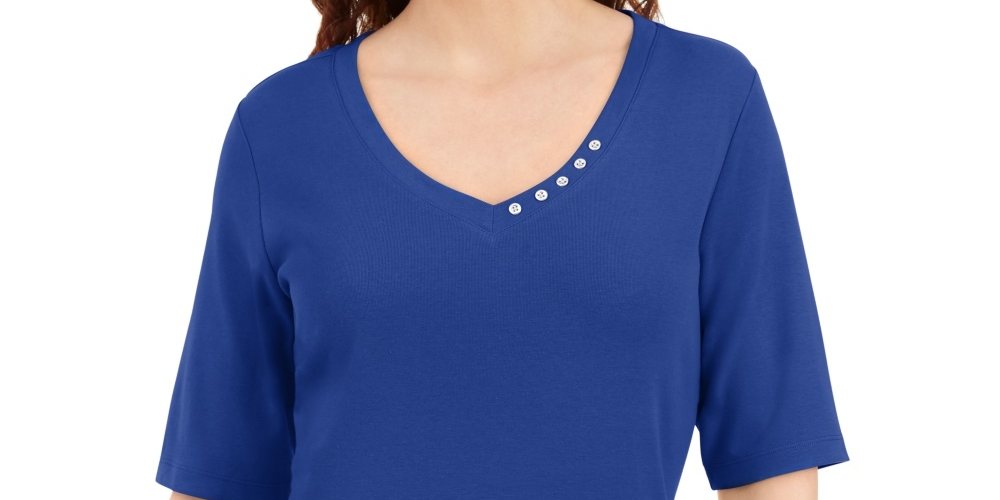 Karen Scott Women's Button-Detail V-Neck Top Blue Size Large