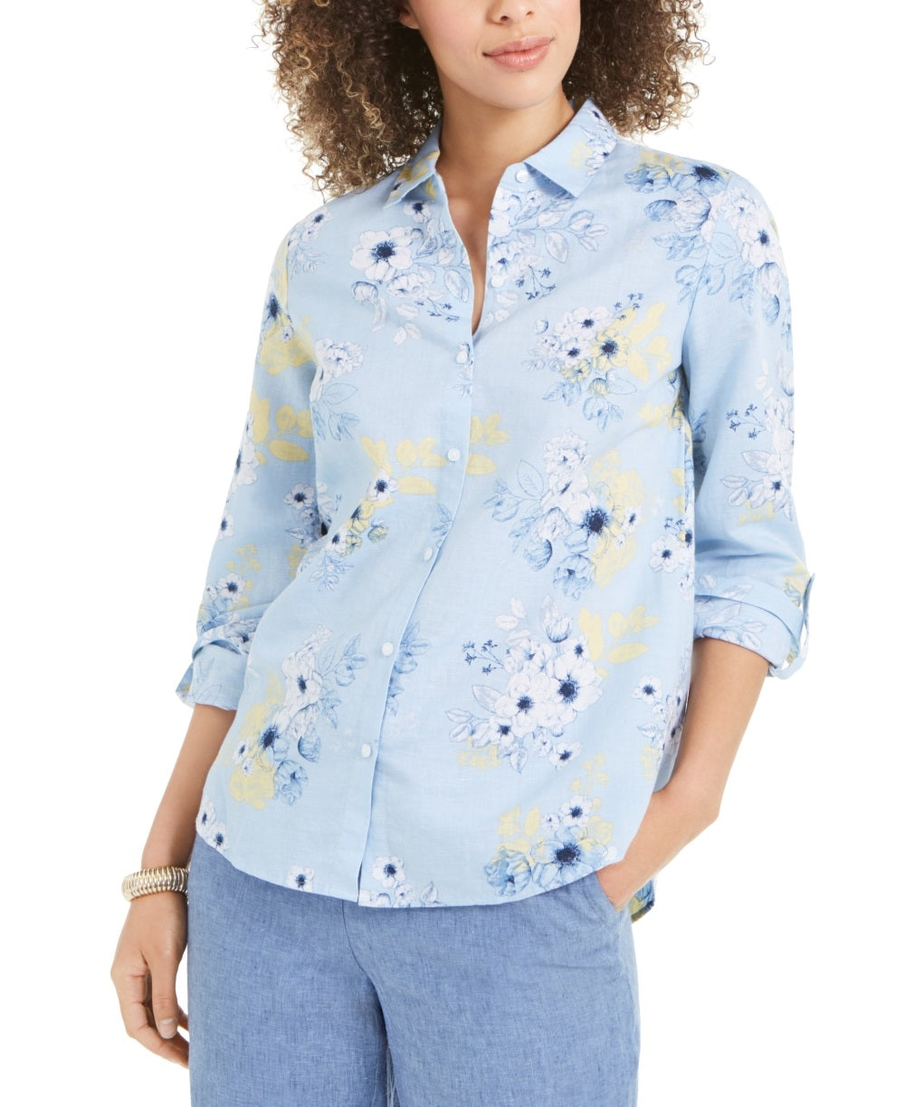 Charter Club Women's Floral Print Linen Blend Shirt Blue Size Medium