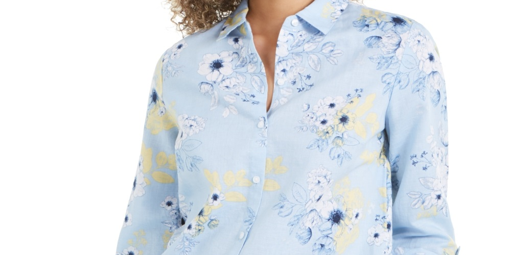 Charter Club Women's Floral Print Linen Blend Shirt Blue Size Medium