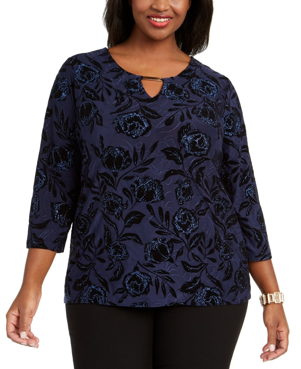 JM Collection Women's Plus Size Velvet Glitter Jacquard Top Navy Size 1X