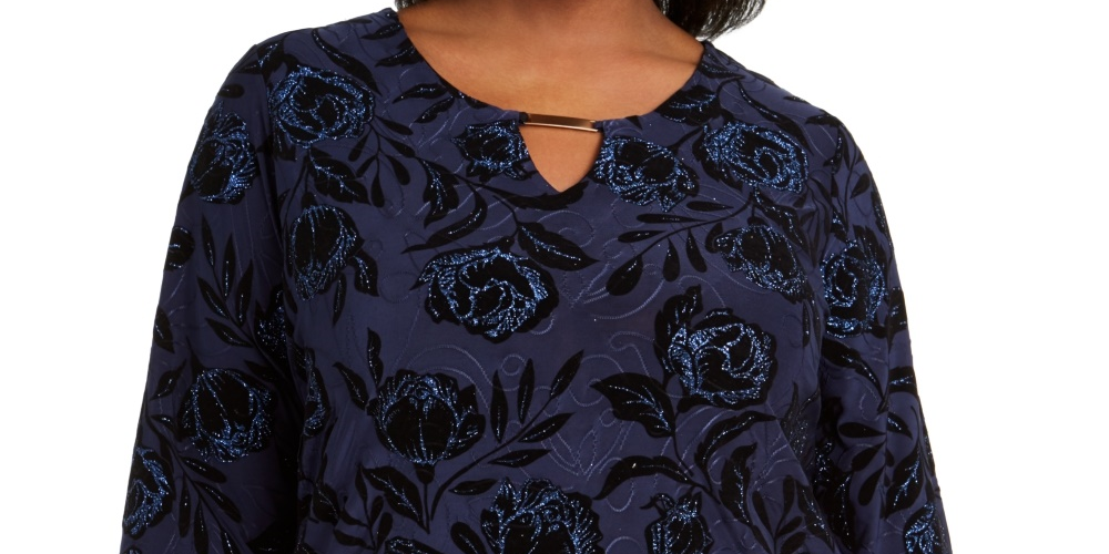 JM Collection Women's Plus Size Velvet Glitter Jacquard Top Navy Size 1X