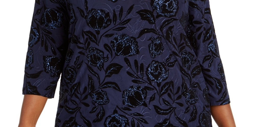 JM Collection Women's Plus Size Velvet Glitter Jacquard Top Navy Size 1X