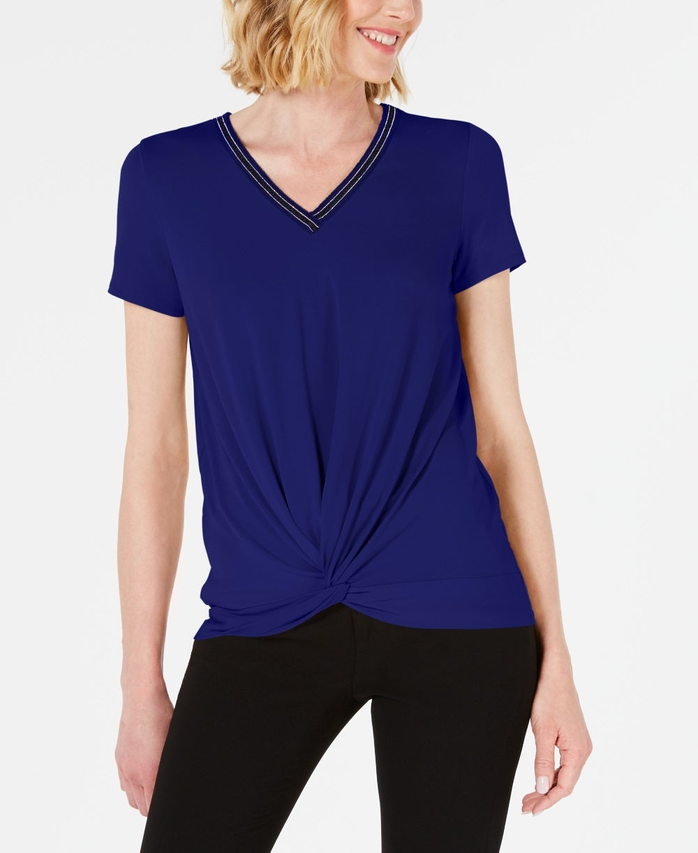 JM Collection Women's Embellished Twist Front Top  Blue Size Petite Small