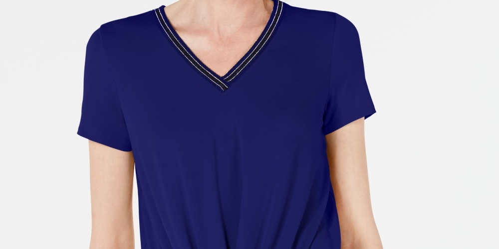 JM Collection Women's Embellished Twist Front Top  Blue Size Petite Small