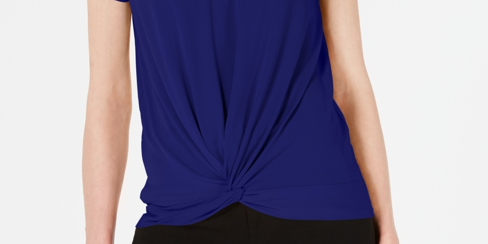 JM Collection Women's Embellished Twist Front Top  Blue Size Petite Small