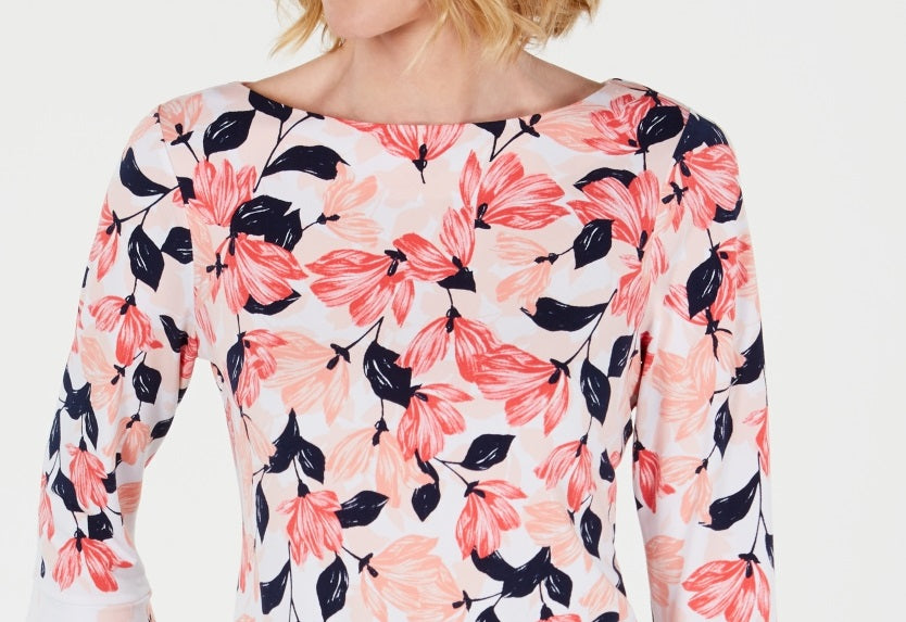 Charter Club Women's Printed Ruffle Sleeve Top White Size Small