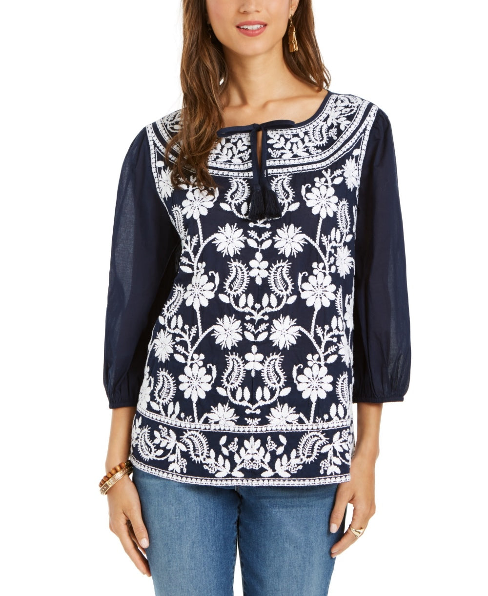 Style & Co Women's Cotton Peasant Blouse Navy Size X-Small