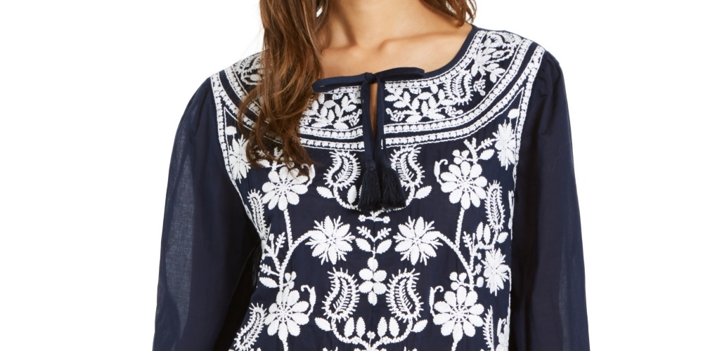 Style & Co Women's Cotton Peasant Blouse Navy Size X-Small