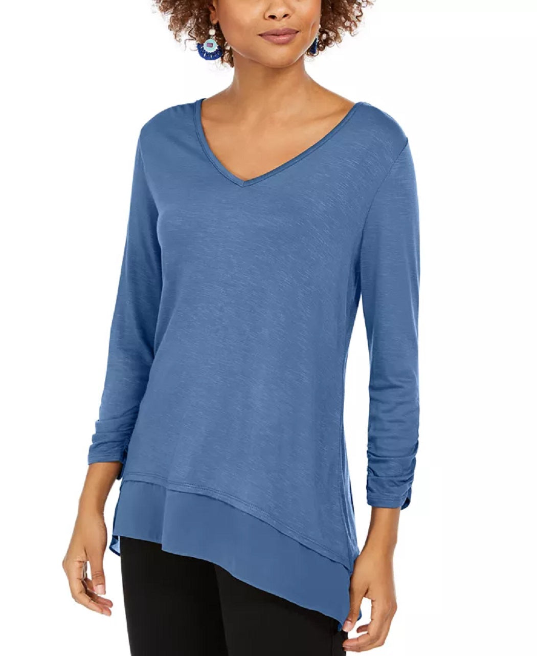 Style & Co Women's V Neck Chiffon Hem Top Blue Size Small