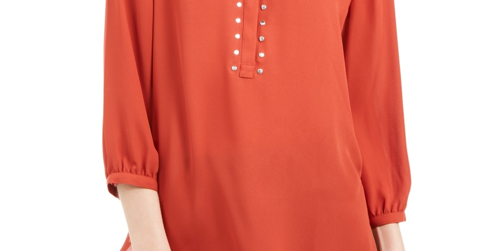 JM Collection Women's Petite Rivet-Front Pleated-Back Top Red PS