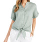 Charter Club Women's Linen Tie Front Button Up Shirt Green Size X-Large