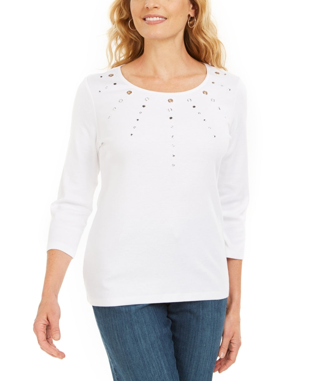 Karen Scott Women's Cotton Grommet Hardware Top White Size PS