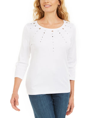 Karen Scott Women's Cotton Grommet Hardware Top White Size PS