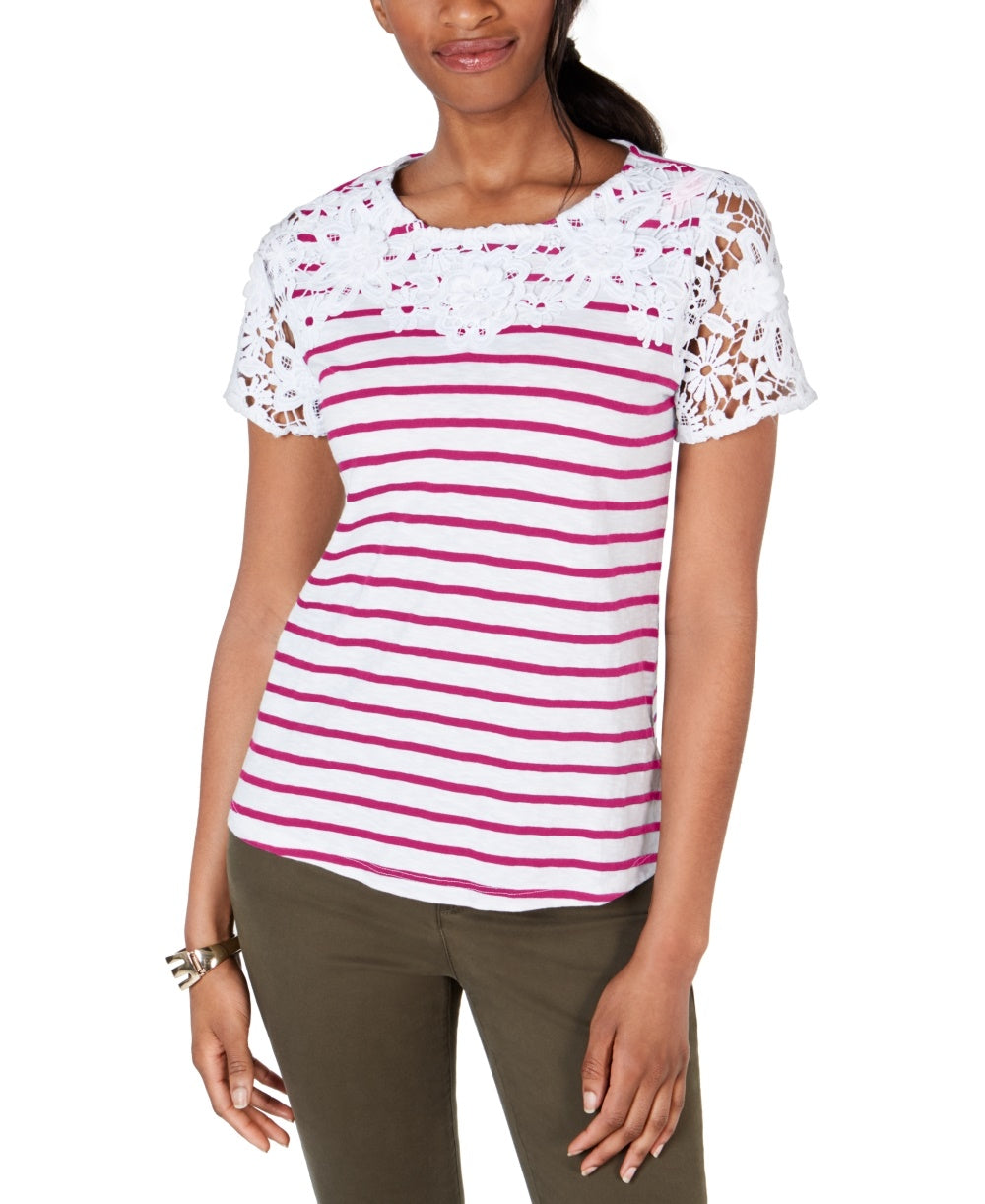 Charter Club Women's Cotton Crochet Striped Top  Pink Size X-Large
